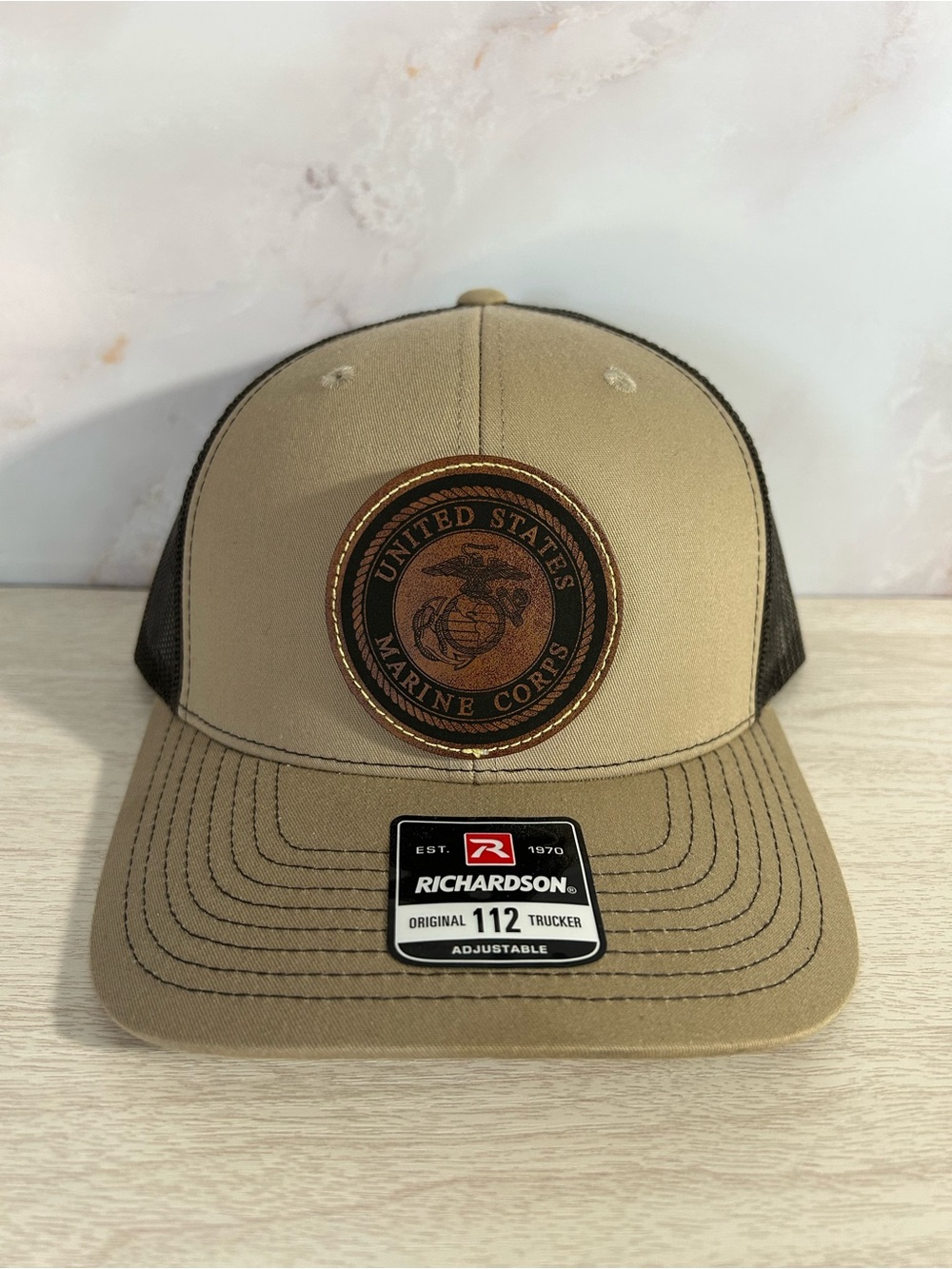 Richardson 112 Trucker Hat with United States Marine Corps Patch - Khaki & Brown